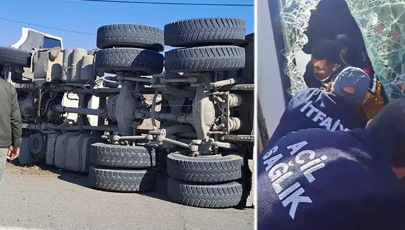 Virajda Kontrolü Kaybeden Kamyon, Yolun Ortasında Yan Yattı!
